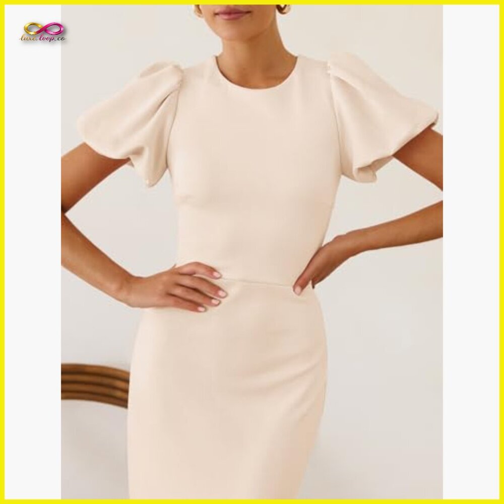 Elegant Bodycon Midi Dress Short Sleeve Formal Wedding Guest Cocktail Party - Picture 4 of 7